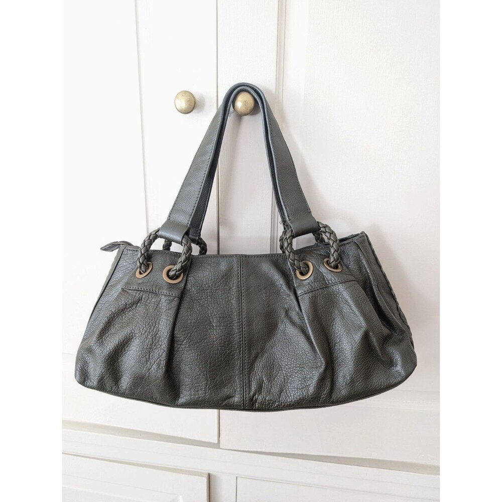Laura Ashley Dark Green Pebbled Leather Satchel Bag Zip Close Inside Storage